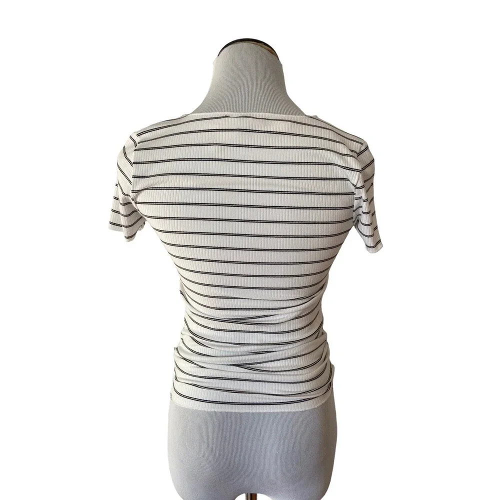 Y2K Ruched Front Top Women Size S Striped Ribbed Exposed Belly Crop Baby Tee 00s - Picture 4 of 6